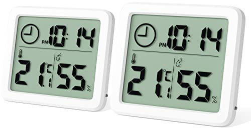 Newaner 2 pezzi Mini Termometro Digitale Ambiente Interno, Igrometro Portatile Grande Schermo con Orologio, Bianco Preciso Termoigrometro, Misuratore Umiditàper Casa, Cameretta, Ufficio, Serra