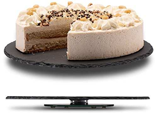 Fino Casa Piatto girevole in ardesia rotondo come piatto da portata per torte, salsicce, formaggio, piatto in ardesia con piedino, piatto girevole nero, vassoio decorativo da tavolo