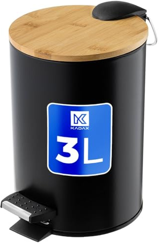 KADAX Badmülleimer, 3 l Kosmetikeimer in 5 Farben, kleiner Tretmülleimer her-ausnehmbaren Behälter, Eimer mit Bambusdeckel, Mülleimer für Bad und WC (Schwarz)