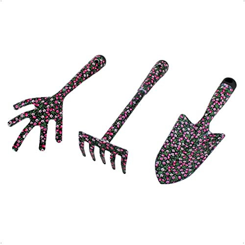 Rekord Kleingeräte Set 3-teilig bestehend aus Blumenkelle, Handgrubber, Handrechen mit Blumenmotiv - Gartenkelle, Pflanzkelle, Kleinrechen, Laubrechen, Kultivator, Gartenkralle