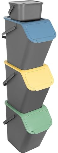 Go Practic Kitchen Bin, Set of 4: 3x 25L + 1x 4,5L, For Plastic, Glass, Paper and Bio, Recycling, Waste Sorting Bins, With Click Lid, Container Trash Can, With Food Waste Caddy