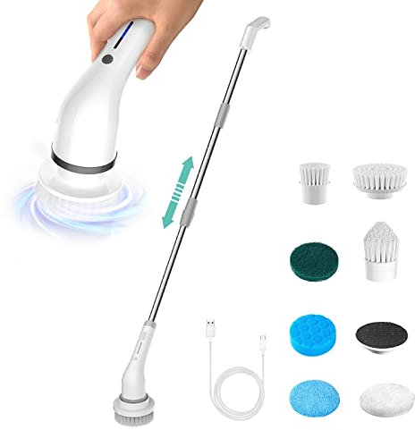 Electric Spin Scrubber, Electric Cleaning Brush with 7 Replaceable Brush Heads and Adjustable Handle, 2 Speed Power Cordless Shower Cleaner for Bathroom Tub, Floor, Tile, Kitchen, Car Wash (White)
