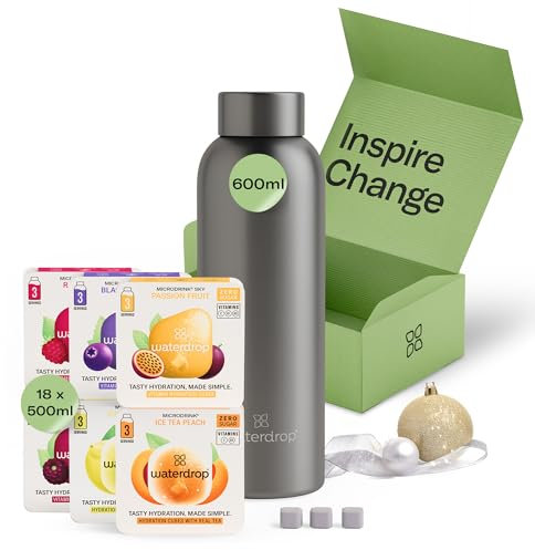 waterdrop® Steel Starter Set – 600ml Stainless Steel Bottle + 18 Sugar-Free Microdrink Hydration Cubes in 6 Flavours, Vitamin C & B Infused, BPA Free Insulated Water Bottle, Gift Set