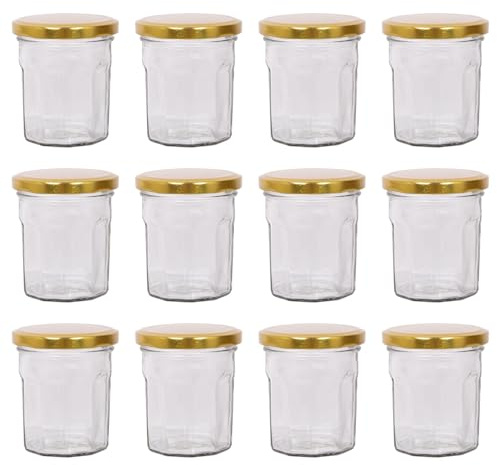 Argon Tableware Glass Jam Jars with Airtight Gold Lids - 150ml - Pack of 12 - Empty Screw Top Kitchen Storage Jar for Food, Honey, Spice, Pickling, Preserving, Candle Making