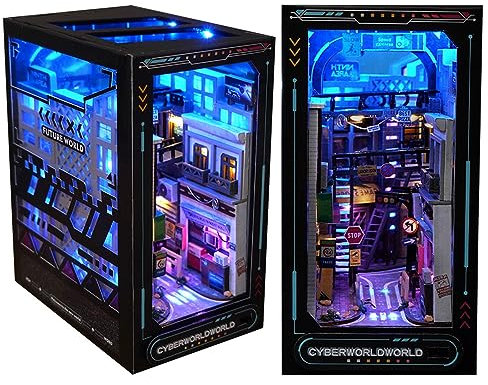 Book Nook DIY Kit, Puppenhäuser Modellbausätze Miniatur Haus Kit, mit LED-Licht, 3D Holzpuzzle Bücherecke Bücherregaleinsatz Kits, Kreatives Geschenk (Near Future)