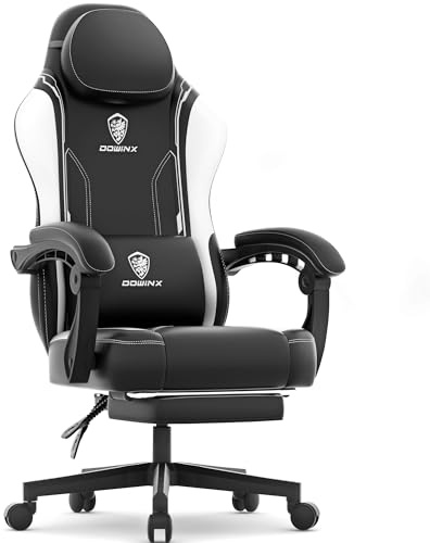 Dowinx - Sedia per il gaming, con cuscino, ergonomica, dotata di supporto lombare, in pelle sintetica PU, schienale largo, 150 kg, colore bianco