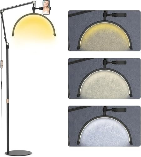 Half Moon Floor Lash Light for Eyelash Extensions Desk Lamp Esthetician Light for Tattoo Artists, Nail Tech, Floor Standing Eyelash Lamp with Phone Holder 3000-6000K 10 Brightness Adjustable (Black)