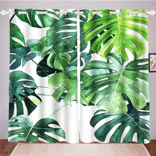 FABTOP Palmenblätter Gardinen Verdunklungsgardine Grüne Tropische Pflanze Muster Vorhänge Monstera Und Palmblätter Digitaldruck Verdunkelungsvorhänge (1,183×160BxH (91.5×160cm×2))