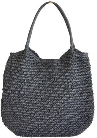 Hzxsny Leichte Strohtasche für Damen, Stroh-Strandtasche, Tragetasche, große gewebte Tragetasche, Strohtasche, Sommer-Strand-Rattan-Handtasche, Schwarz, Free, Tragetasche