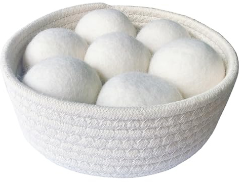 Wool Dryer Balls - 7 Pack XL Size, Premium Natural Fabric Softener, Reduce Wrinkles & Shorten Drying Time, Wool Balls Replace Dryer Sheets, Reusable (White Basket)