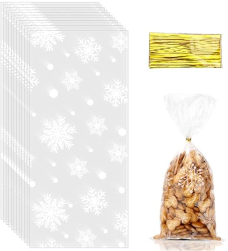 100 Stück Plätzchentüten Weihnachten, Schneeflocke Süßigkeiten Tüten, Cellophantüten Klar Mit 100stück Twist Krawatten,für Süßigkeiten Kekse Pralinen