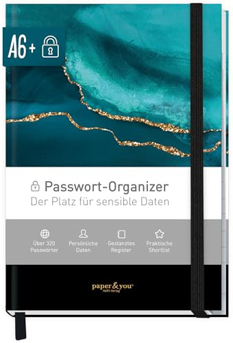 paper&you® Passwortbuch A6+ mit Register A-Z Shiny Teal für 320 Zugangsdaten, Passwort-Manager klein, Passwort Buch deutsch - nachhaltig & klimafreundlich