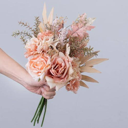 FOLANDO Künstliche Blumenstauß Rosen Hortensien Kunstrosen Kunstblumen wie echt Trocken gebrannte Rosenstrauß Hochzeit Rosa Seidenblumen Hochzeit Deko Kernstück Heimdeko (Champagnerrosa)