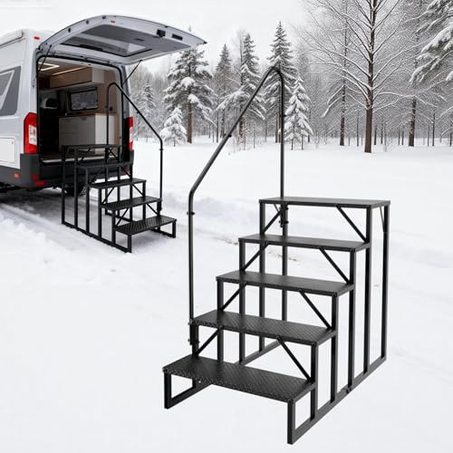 5 Step Stool Ladder, Hot Tub Steps with Handrail, RV Stairs Outdoor, Heavy Duty Ladder for Travel Trailers Camper 5th Wheel RV Mobile Home Porch