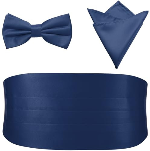 PenSee Mens Formal Solid Pre-tied Bow Tie & Pocket Square & Cummerbund Set Tuxedo Bow Ties for Men Navy Blue Medium