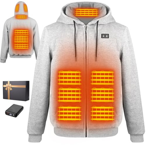 Wodesid Beheizbare Jacke Hoodie Kapuzenpullover mit 7.4V 16000mAh Akku, 6 Heizzonen, 3 Heizstufen für Herren & Damen - Outoor Beheizte Kapuzenjacke Sweatshirt Winter Heizjacke mit Doppelschalter