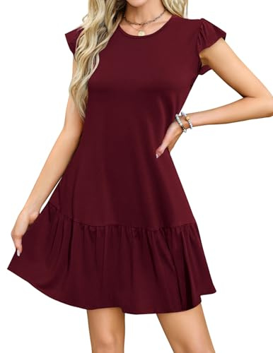 Zeagoo Vestido Mujer Verano Corto A Línea Manga Volante Cuello Redondo Elegante Casual Playa Burdeos XL