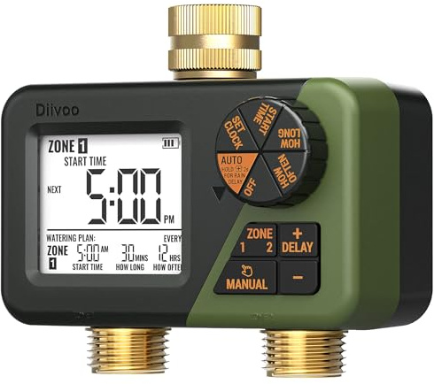 Diivoo Programador Riego con Entrada y Salida de Latón, Temporizador Riego Automatico Impermeable IP66 con Retraso por Lluvia, Riego Manual, Programador Riego para Jardín, Césped