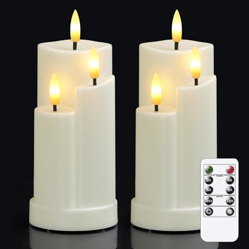 Wroxipel Pack of 2 Flameless 3 Wicks Plastic Ivory LED Candles with Remote Control, 7.5cm x15cm Battery Operated Flickering Warm Light Cycle Timer Pillar Candles for Home Party Festival Decoration