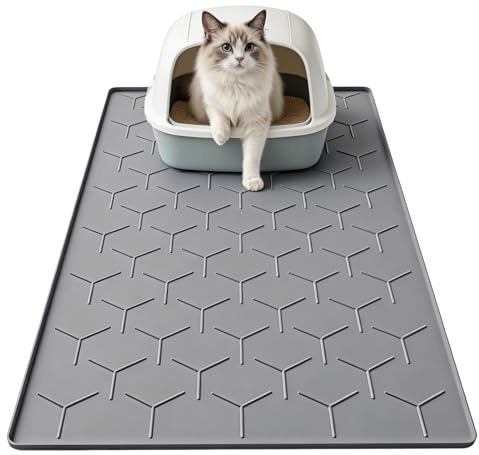 Garoopion Cat Litter Mat Large, Waterproof Silicone Tray, 86x56cm Dark Grey | easy-clean trapping mat, raised edge trapper catches scattered contents, non-slip, under litter box, stops spills spreading