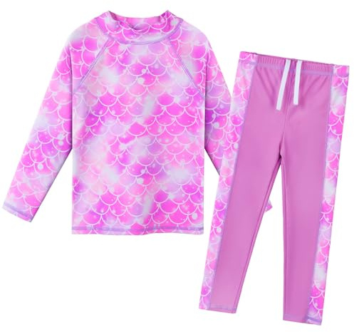 ZNYUNE Mädchen Zweiteiliger Badeanzug Stoffdruck Kinder Badebekleidung Lange Ärmel + Hosen Schwimmanzug S489 PinkPurpleScale 10A