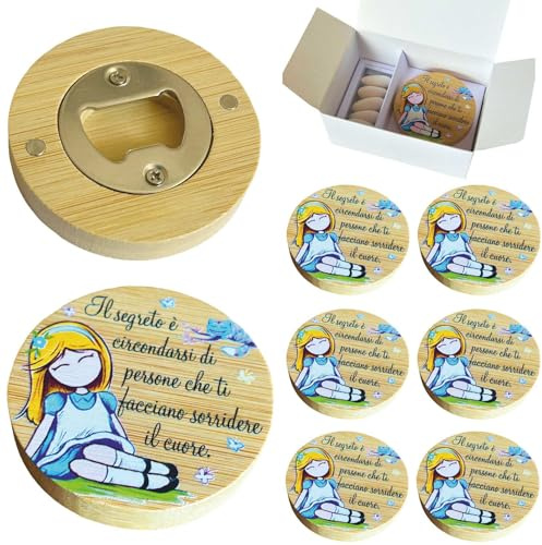 Regalami Set 6 Bomboniere Stappa Bottiglie Magnetico in Legno Confezione Completa con Scatola, Confetti e Biglietto (Alice)