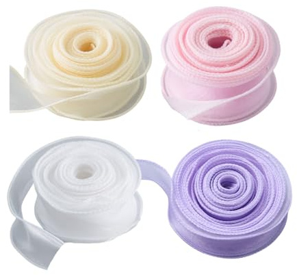 4 Rollen Organzaband, 4cm x 9m Schleifenband, Weiß, Lila, Rosa, Beige Chiffonband, Seidenband, Geschenkband Breit für Blumenstrauß Geschenkverpackungen
