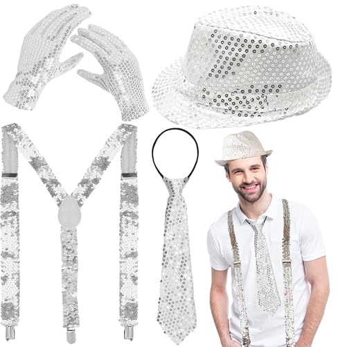 DTAOZFA Glitzer Kostüm Accessoires Herre, Pailletten Hosenträger, Glitzer Outfit Herren, Hüte, Hosenträger, Handschuhe, Krawatte, Angepasst An Karnevalsparty -Charaktere Thema Performance