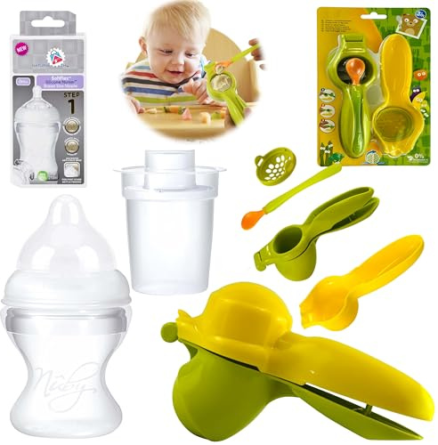 Exprimidor de alimentos para bebés y prensa de verduras de frutas con cuchara, triturador y puré sin BPA, biberón de silicona de 150 ml + dispensador de leche en polvo de 100 ml, anticólicos, flujo