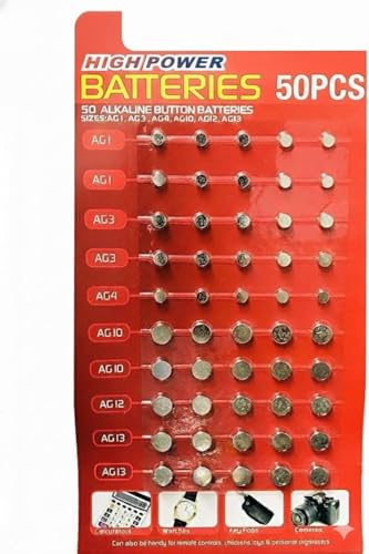 50 Pack Assorted Mixed Alkaline Button Cell Batteries AG1/LR621 | AG3/LR41 | AG4/LR66 | AG10/LR54 | AG12/LR43 | AG13/LR44 Battery for Watches, Toys, Calculators, Key Fobs