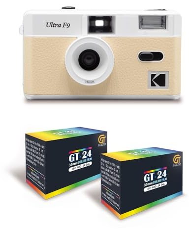 KODAK Ultra F9 - Fotocamera in argento riutilizzabile da 35 mm, obiettivo fisso da 31 mm F/9, flash incorporato, ricarica semplice, riavvolgimento manuale, beige + 2 pellicole a colori 24 esposizioni
