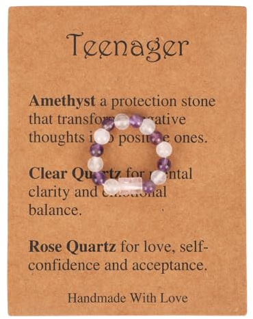 Mikovivi Crystal Bead Rings, Spiritual Mood Protection Ring with Card Natural Stone Finger Women Jewelry Fashion Lucky Birthday Gift (Purple White)