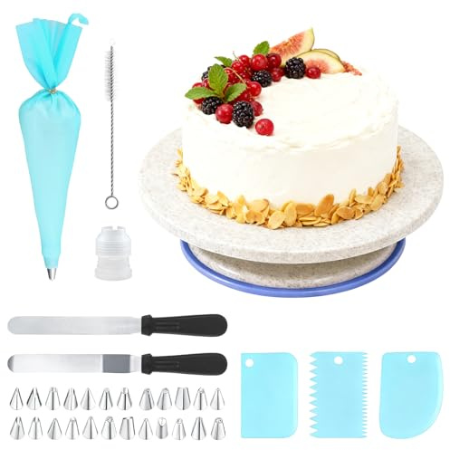 MFUSUL Plato Giratorio Para Tartas, Soporte Giratorio, Bandeja para Tartas, Kit Reposteria de Suministros con Raspadores, Espátulas, Mangas Pasteleras y Accesorios