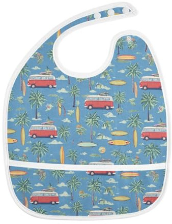 IHCVHQX Baby Feeding Bibs with Catcher Pocket Surfboards Palm Trees Bus Toddler Sleeveless Teething Bib 2 Pack