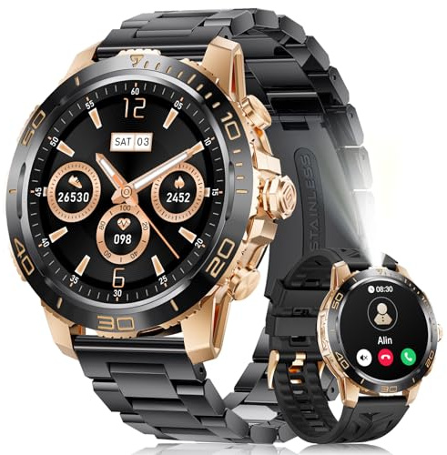 LIGE Smartwatch Herren mit Metallarmband, 1,43 AMOLED-Fitnessuhr mit Herz-/Schlaf-Monitor, Telefonfunktion, Taschenlampe, IP68 Wasserdicht, 100+ Sportmodi Uhren Herren für Android iOS, Schwarz-Amber