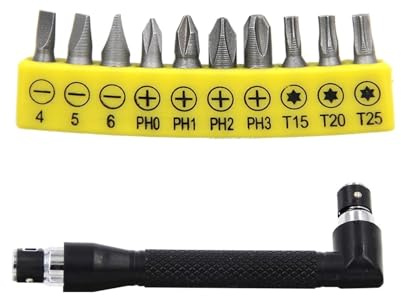 Cacciavite esagonale a forma di L da 1/4 con impugnatura a doppia testa da 90 gradi, chiave inglese nera da 6,35, set di utensili for punte for cacciavite con nastro giallo da 10 pezzi