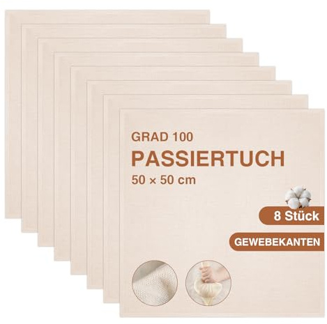 JININOSEU 8 Stück Passiertuch, 50x50cm Käsetuch mit Umgeschlagene Saum, Fein Gewebt und Ungebleicht, Wiederverwendbare Baumwolle Cheesecloth für Saft, Käse, Joghurt und Tofu