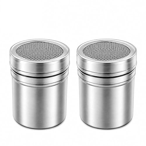 2PCS Espolvoreador de Azúcar Glas con Tapa, Molinillo para Azúcar Glas, Espolvoreador de Cacao para Cappuccino, Espolvoreador de Especias de Acero Inoxidable, Salero con Tapa, Dispensador Preciso para