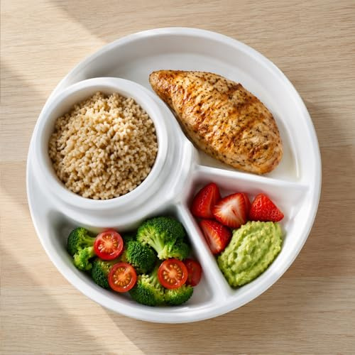Divided Ceramic Plate for Portion Control, 4-Section Dinner Plate with Built-in Cup, Microwave & Dishwasher Safe, Healthy Meal Tray for Adults (8.66 Inch) (White)