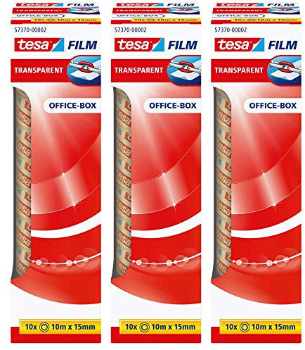 tesa 57370 Klebefilmrollen transparent in praktischer 10 Rollen Office Box, 10m x 15mm (3er Pack = 30 Rollen)