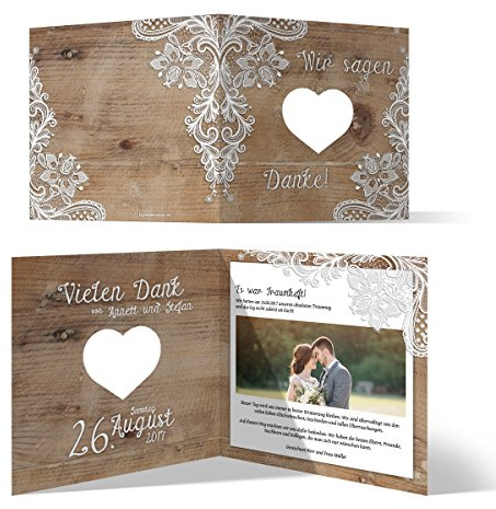 Individuelle Lasergeschnittene Hochzeit Danksagungskarten (10-100 Stück wählbar) - Rustikal mit weißer Spitze - Dankeskarten, Klappkarte, Herz ausgeschnitten, Dickes Papier