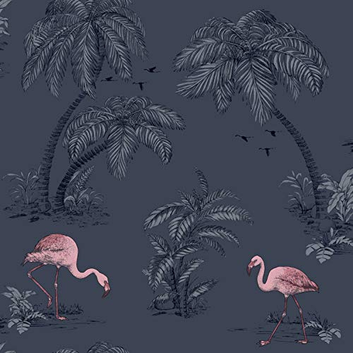 YöL Flamingo Lake Wallpaper Palm Trees Tropical Birds Midnight Blue Pink