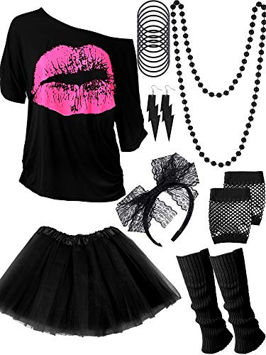 Blulu Damen 80er Jahre Kostüm Zubehör Set Lippen Druck T-Shirt Erwachsene Tutu Rock Spitze Stirnband Neon Ohrringe Halskette Beinwärmer Fischnetz Handschuhe Armband (Schwarz, S)