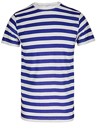 WickedFun® - Camiseta de manga corta para niños y niñas, diseño de rayas, color azul y blanco Blanco Azul 9-10 Años