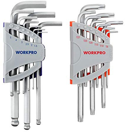 WORKPRO Innensechskantschlüssel Set 18tlg, Torx- und Kugelkopf Winkelschlüsselsatz 1,5-10 mm, T8 -T45, Cr-V-Stahl, Innensechskantschlüssel Satz, torx set klein und kompakt für Fahrrad und Handwerk