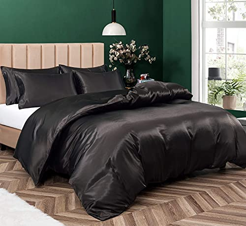 P Pothuiny 5 Pieces Satin Duvet Cover King Size Set, Luxury Silky Like Black Duvet Cover Bedding Set with Zipper Closure, 1 Duvet Cover + 4 Pillow Cases (No Comforter)