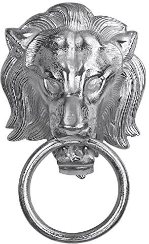 WOMO-DESIGN Handtuchhalter Löwenkopf mit Ring, aus Aluminium vernickelt, Unikat, Silber, (BxH): 10x31 cm, Designer Löwenkopf, Handtuchring Türklopfer Löwe Lion Wandfigur WC Bad Dekoration Accessoire