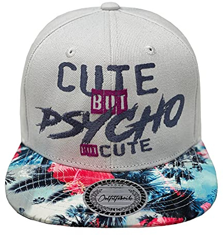 Outfitfabrik Snapback Cap Cute but Psycho but Cute in weiß mit Palmen-Muster-Schirm und 3D-Stick (Statement, Spruch, Blumen), One Size