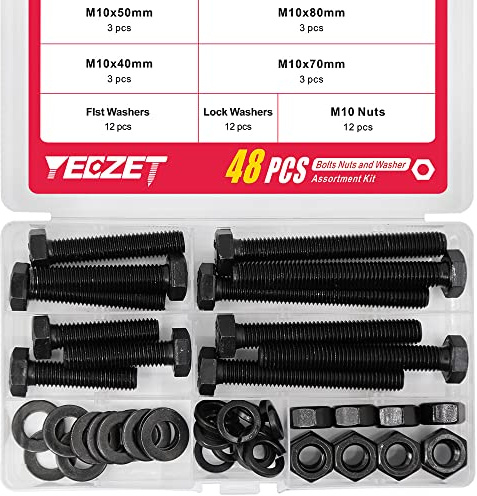 YEEZET Lot de 12 vis à tête hexagonale M10 boulons et écrous plats et rondelles de verrouillage en alliage d'acier de qualité 8.8 (40mm 50mm 70mm 80mm)