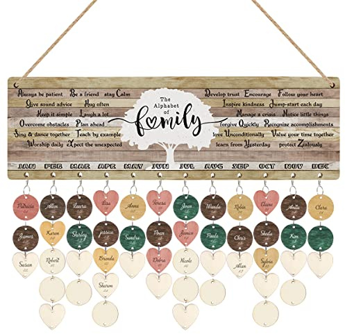 CHDITB The Alphabet of Family Birthday Reminder Calendar, Wooden Birthdays Reminder Calendar, Birthday Reminder Wall Hanging with 100 Heart/Circle Tags, Birthday Reminder New Home Gift Wall Decor